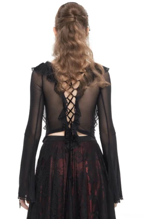 Gothic mesh crop top back view showcasing crisscross lace-up corset-style closure, sheer transparent sleeves