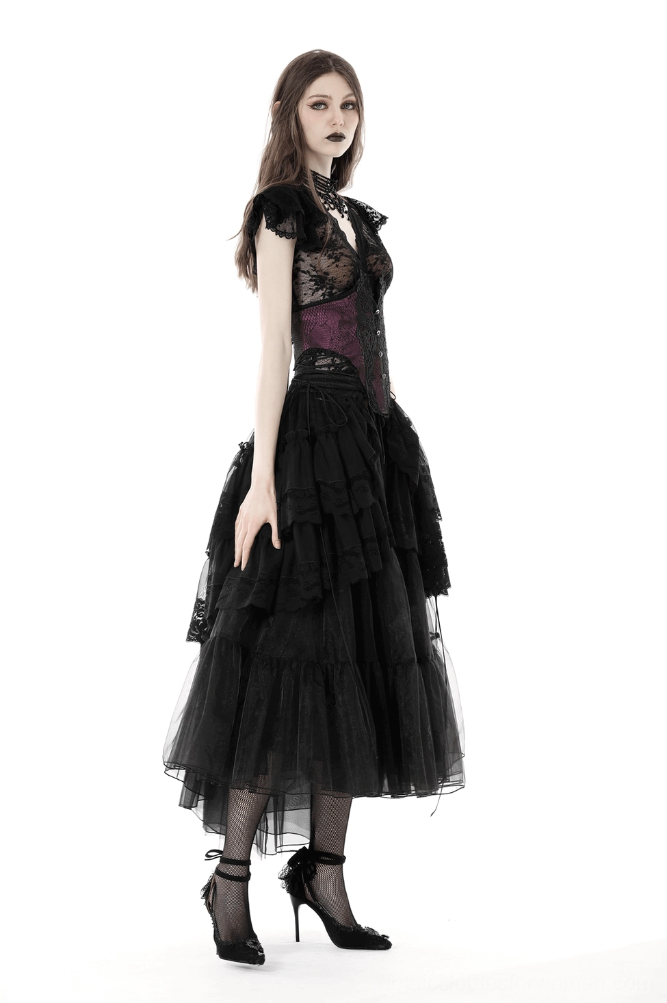Front full-body view of black gothic ruffled mesh skirt with high-low asymmetrical hem and tulle layers