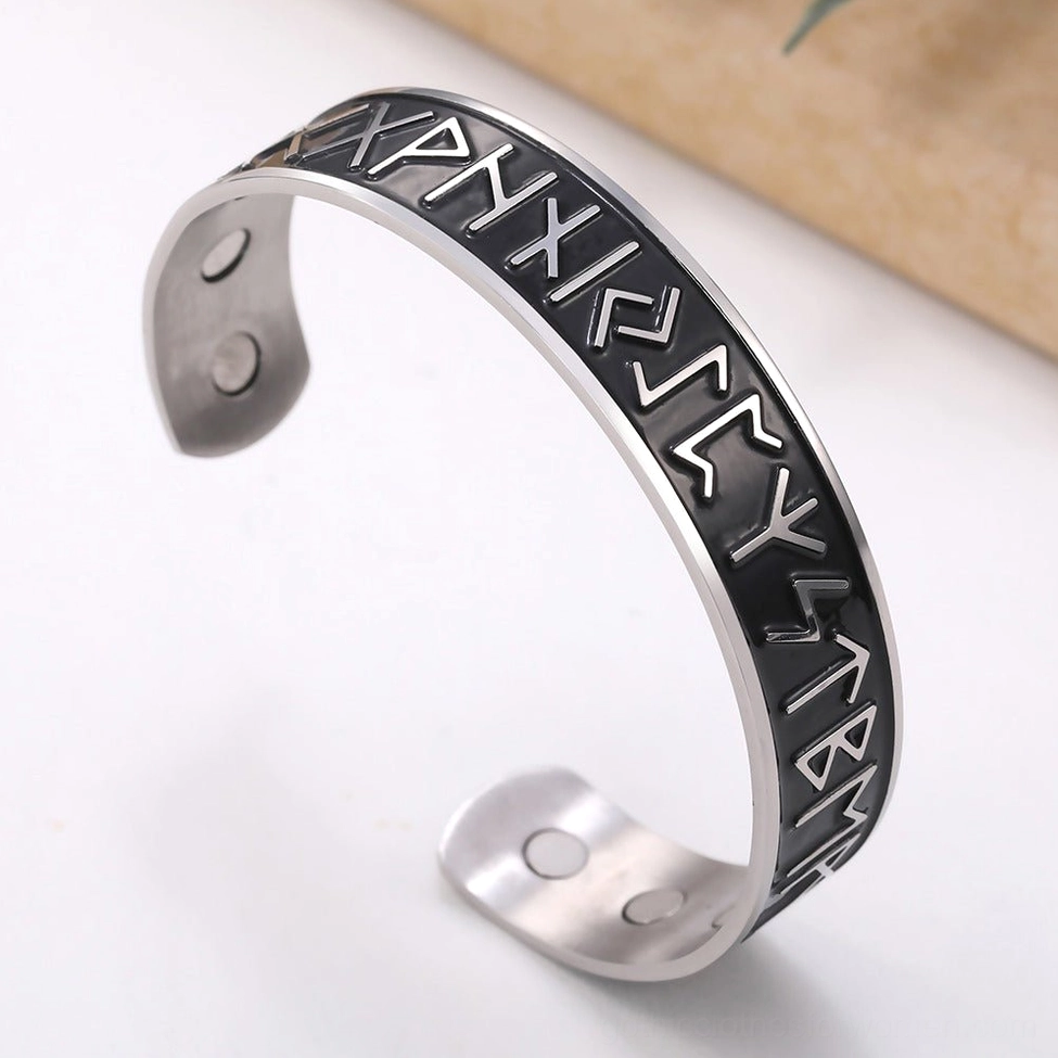 Black enamel filled nordic rune open cuff bracelet eye level with magnetic contact points