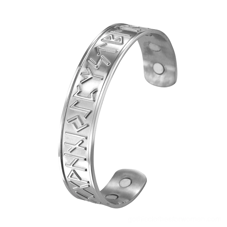 Silver engraved rune open cuff bracelet with magnetic therapy elements side view