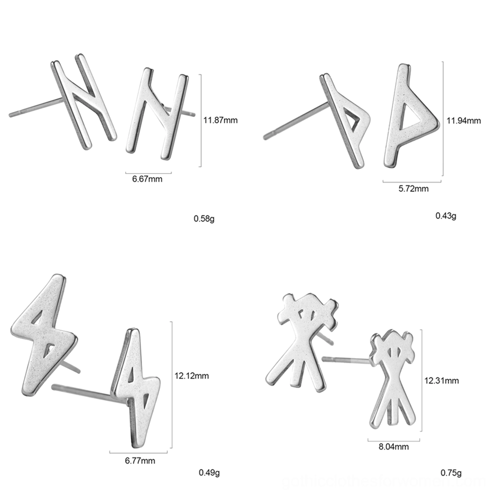 Assorted gothic rune stud earrings flat lay collection, multiple silver-toned designs with size and weight specification labels
