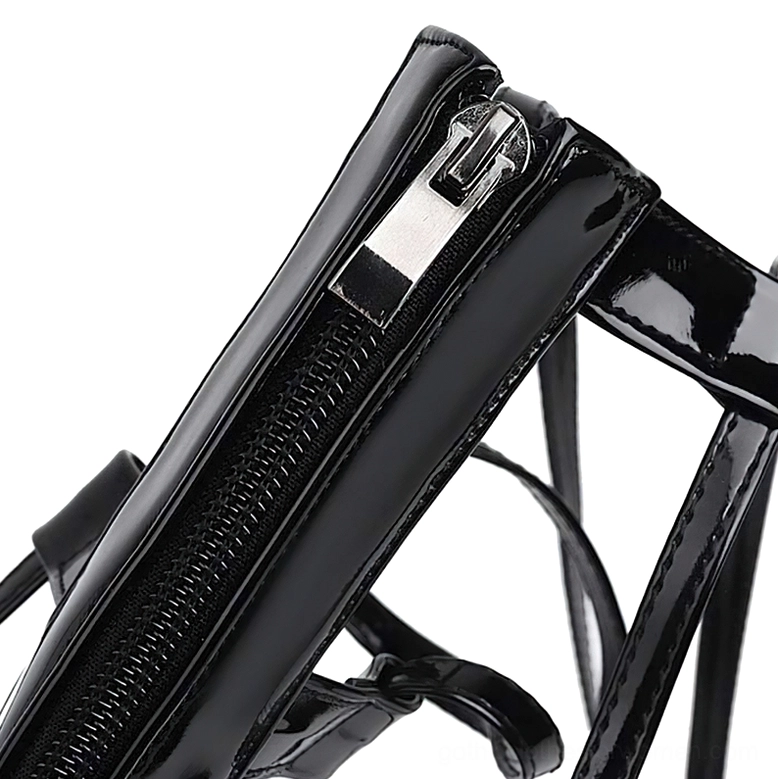 Black gothic sandal back zipper hardware close-up, silver metal closure mechanism