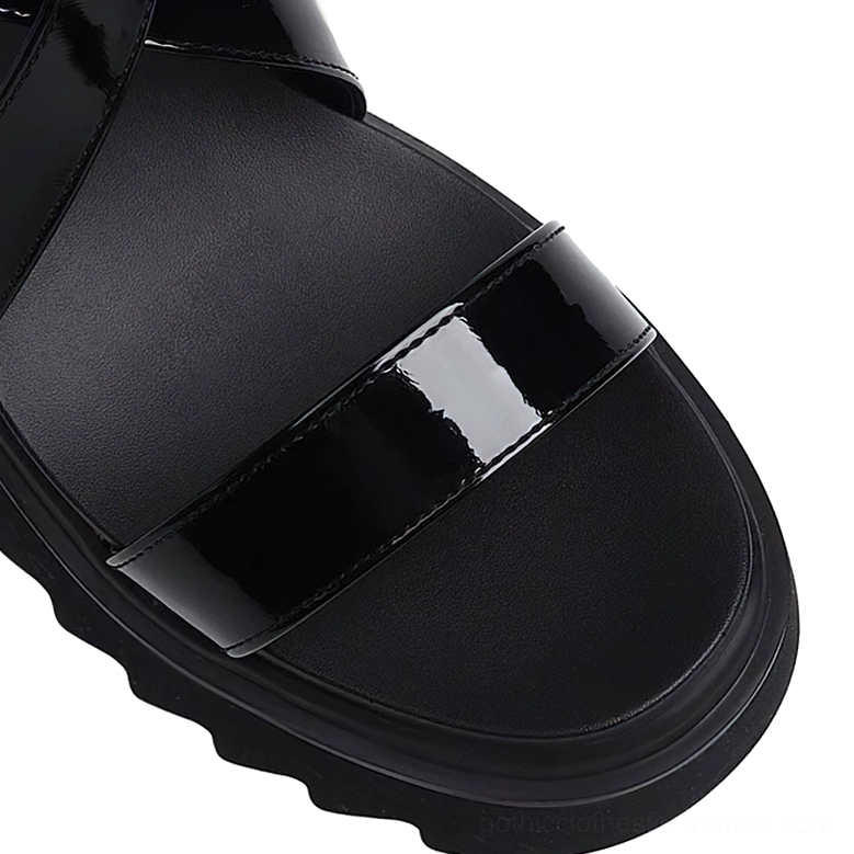 Close-up of black gothic sandal front upper with mixed matte and patent leather textures