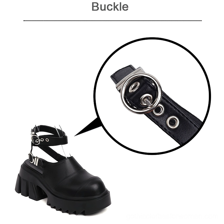 Close-up detail of metal buckle closure on gothic platform sandals - adjustable ankle strap