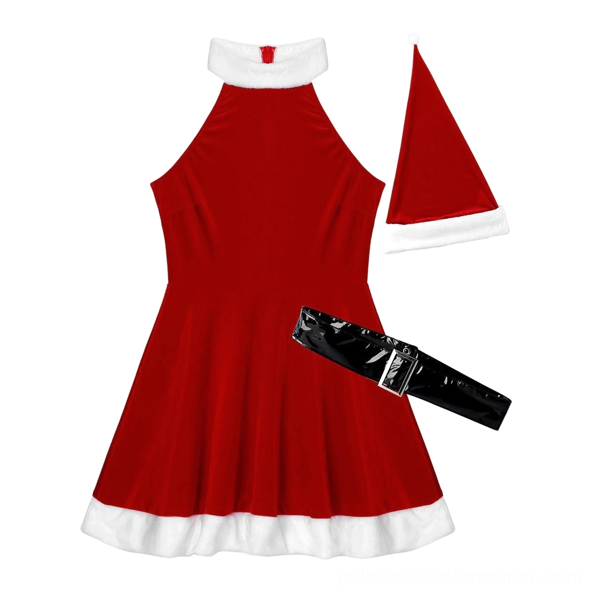 Dark velvet Santa costume set flat lay including dress, hat, and black leather belt for gothic holiday cosplay