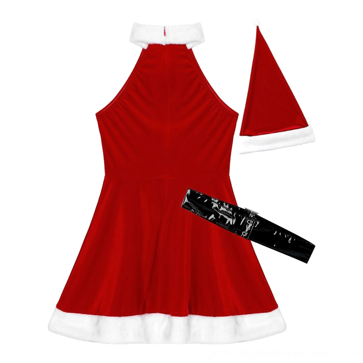 Backless halter design detail with white faux fur collar on gothic Santa dress, back flat lay view