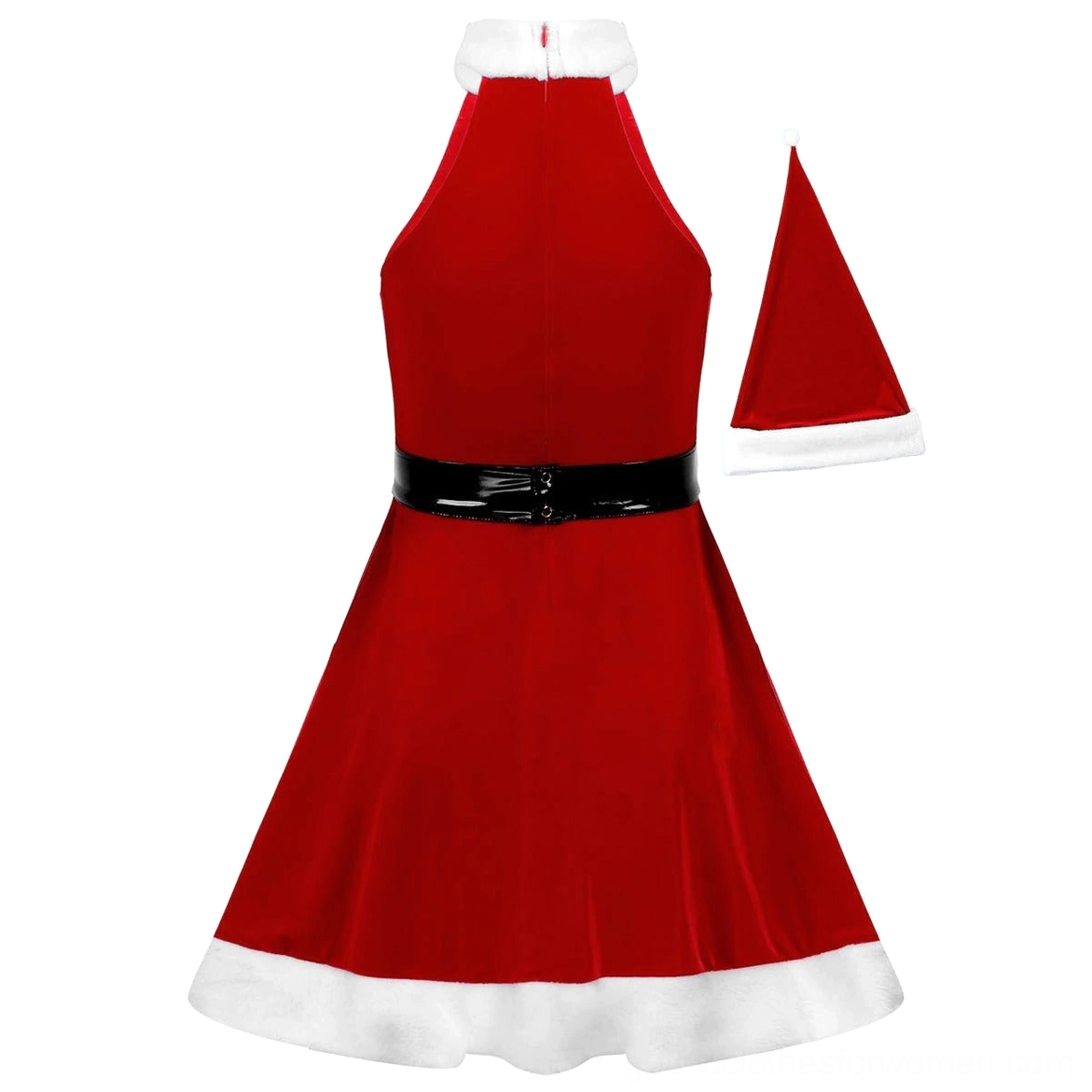 Back flat lay of dark velvet Santa costume with high-waisted black belt and white faux fur collar trim