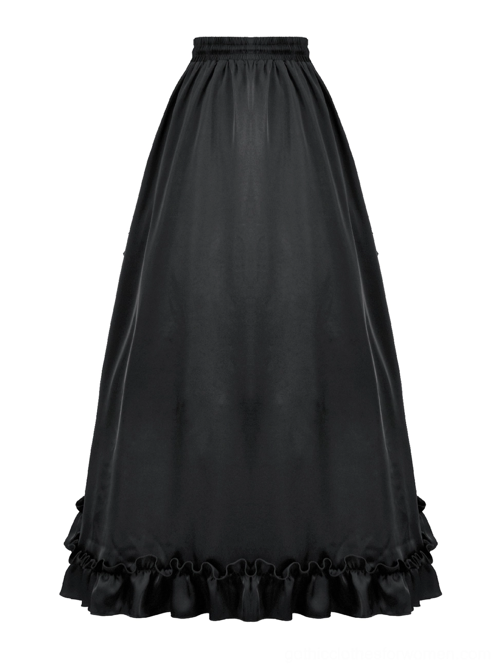 Black satin maxi skirt flat lay front display with high elastic waistband and ruffled hem construction