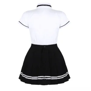 Back view of gothic school girl uniform set showing pleated miniskirt with white stripe hem and black collar trim