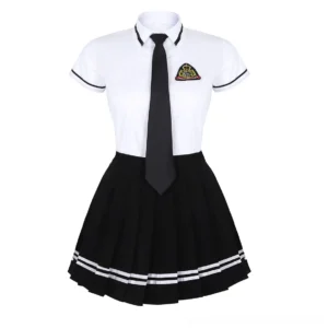 Gothic black and white school girl uniform set front flat display showing embroidered badge and pleated miniskirt with white stripe trim