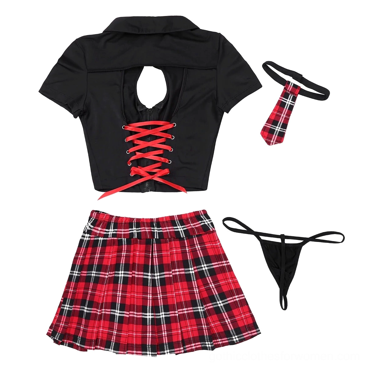 Complete 4-piece gothic schoolgirl costume set including top, skirt, necktie and thong underwear flat lay