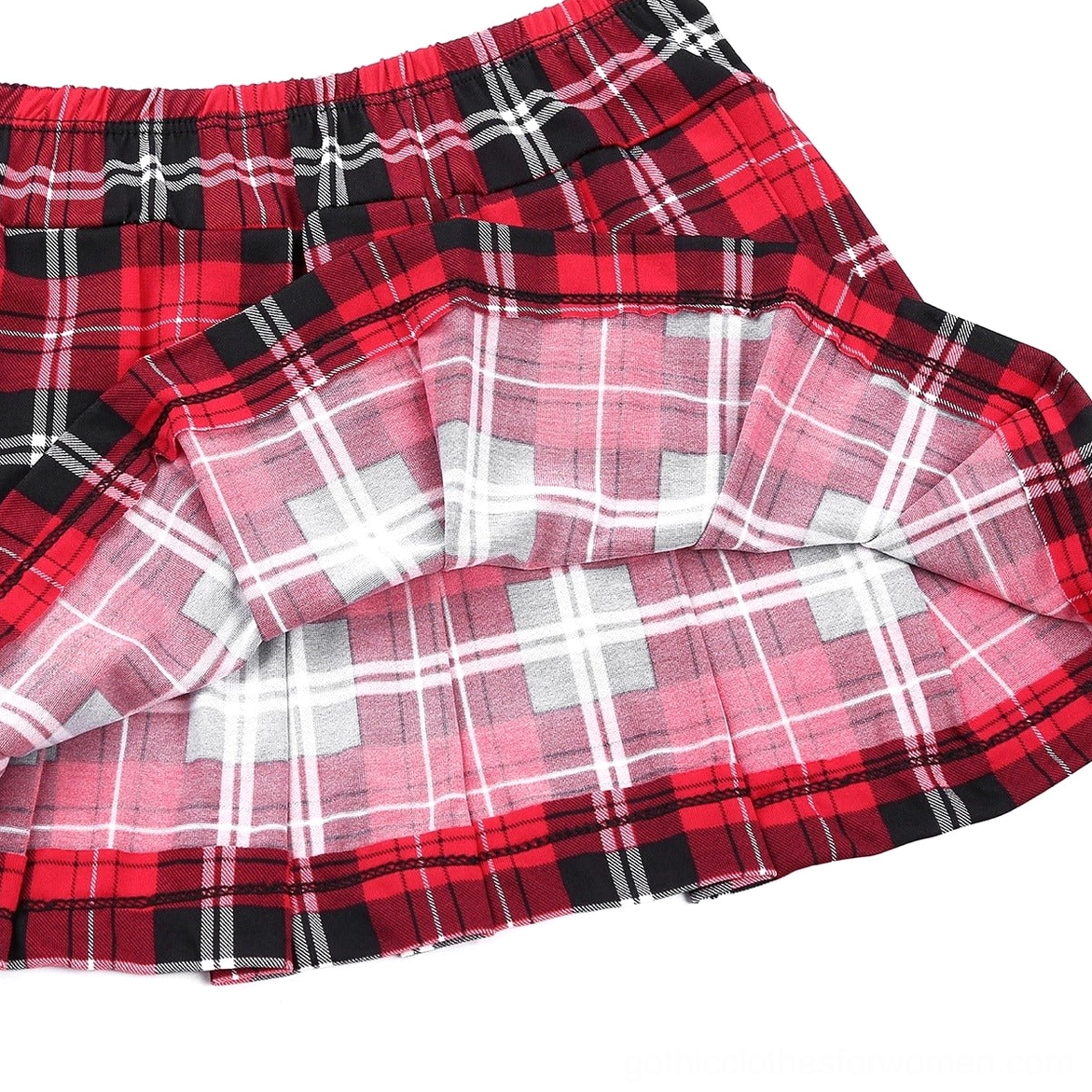 Black red plaid gothic schoolgirl costume detailed view of crop top construction and pleated skirt waistband