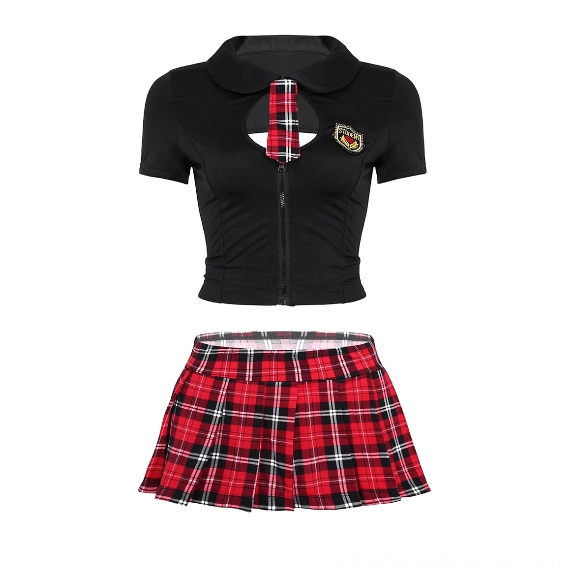 Black red plaid gothic schoolgirl costume pieces flat lay showing crop top and mini skirt components