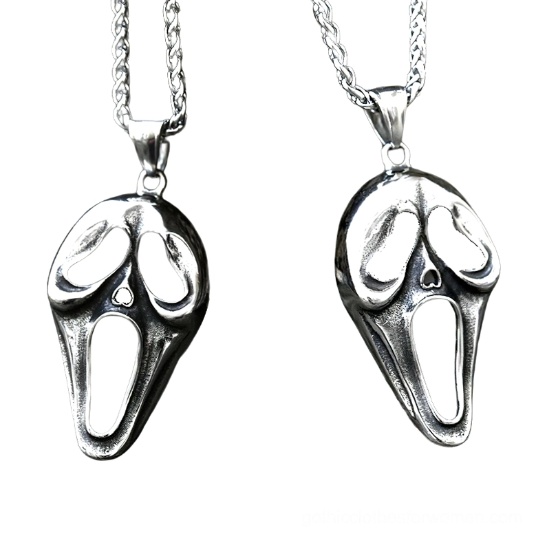 Gothic scream face pendant with twisted wheat chain, polished silver stainless steel, front flat view white background