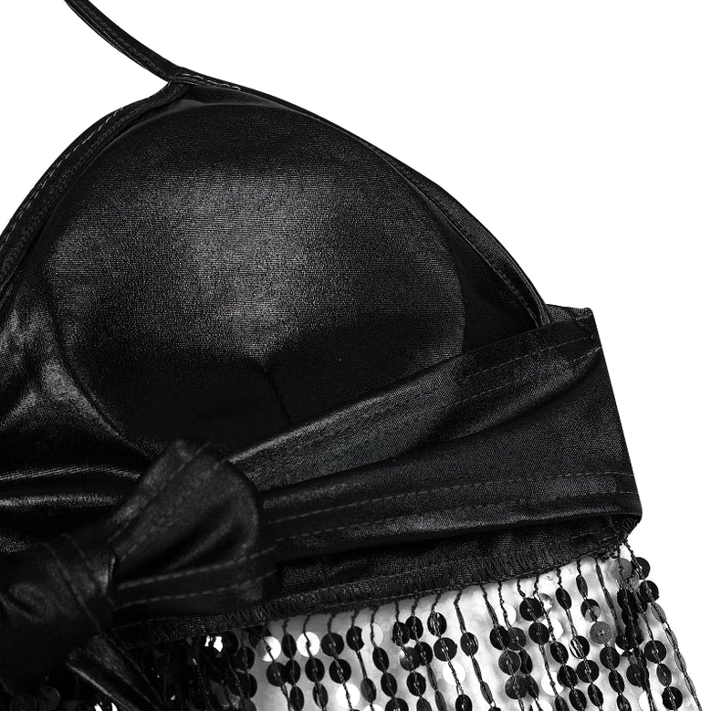 Gothic sequin crop top halter neckline styling detail