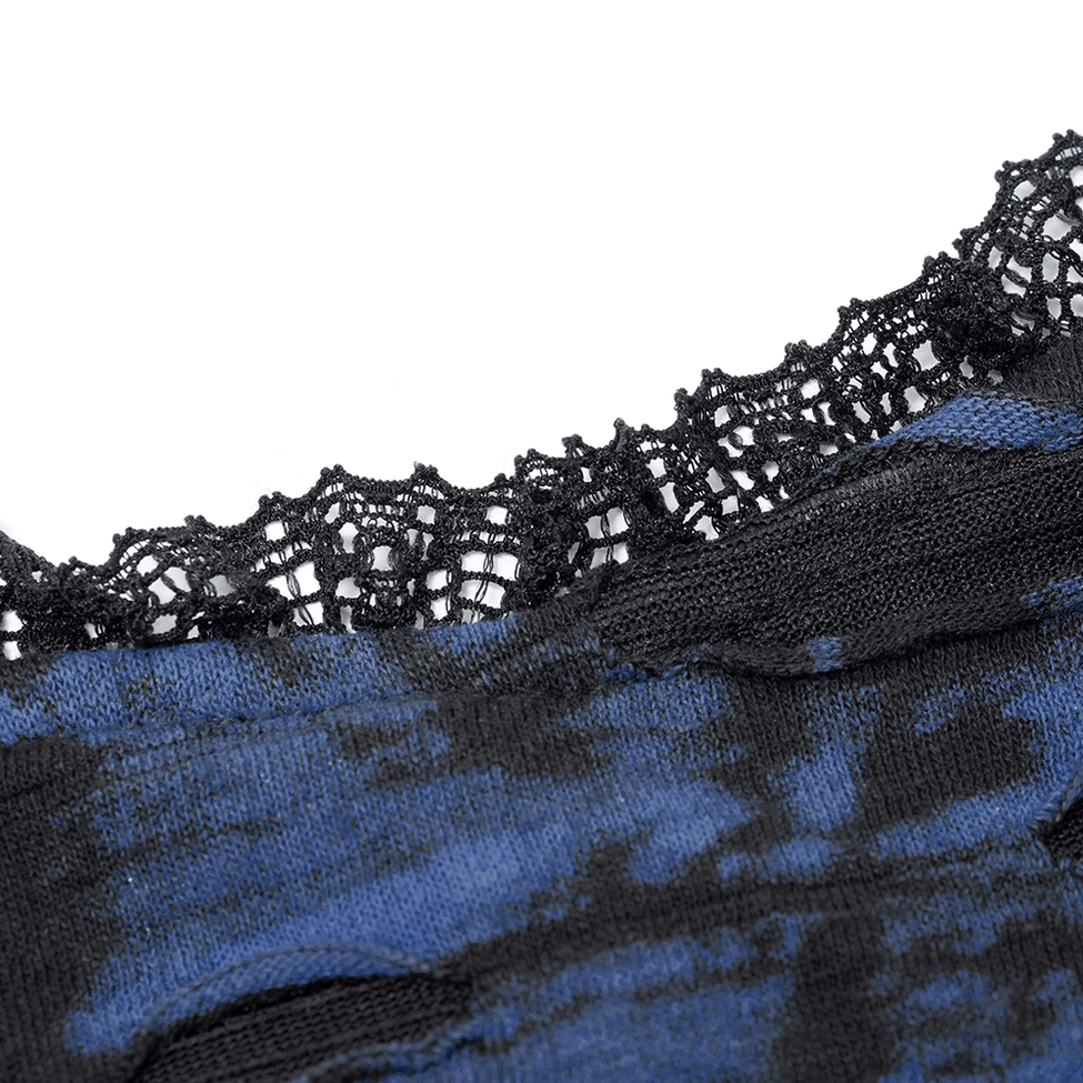 Black gothic sequin slip dress showing full length silhouette with blue abstract print and distressed holes