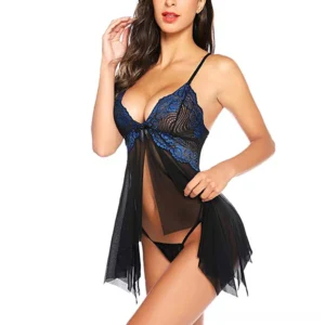 Black sheer lace gothic nightdress with blue lace cups front view on model