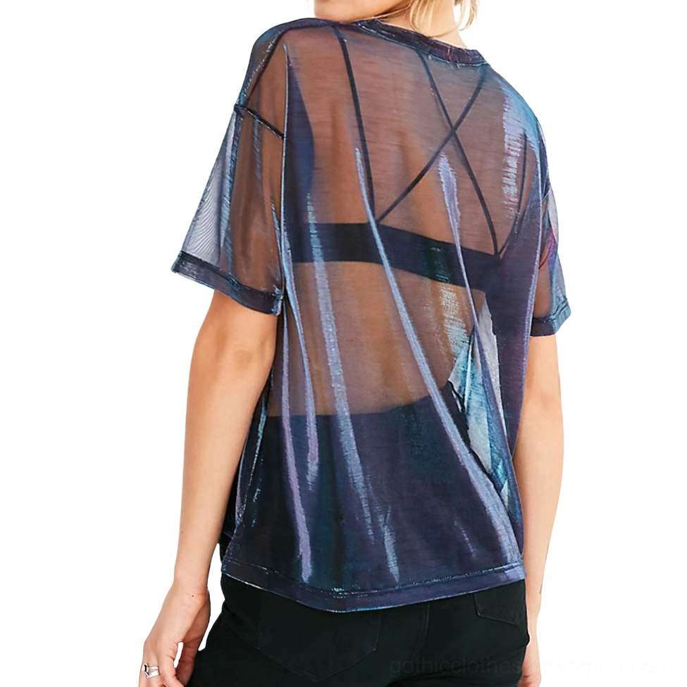 Sheer mesh gothic t-shirt back view, iridescent dark blue finish with crisscross back strap detail