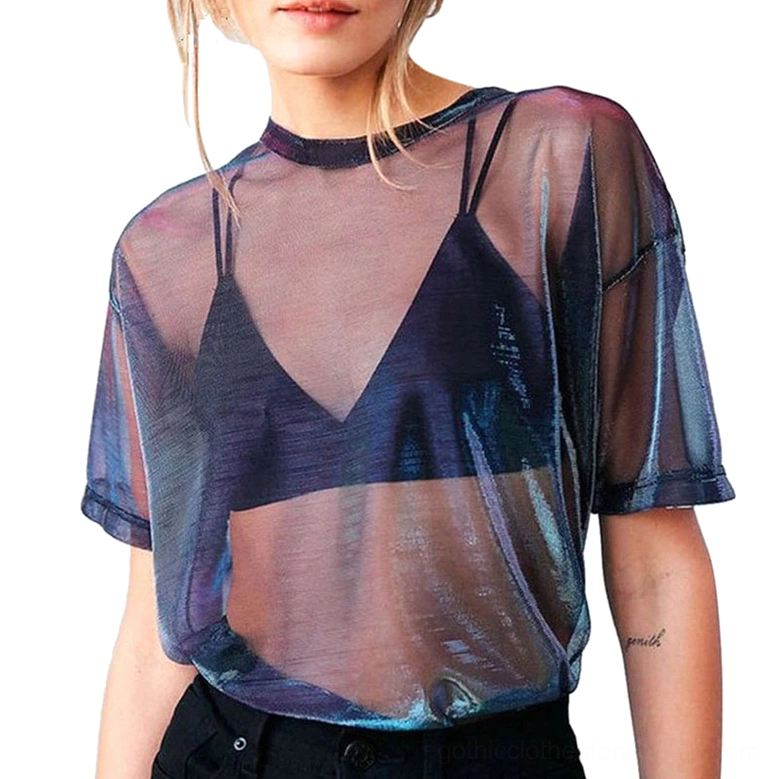 Sheer mesh gothic t-shirt front view, blue-purple iridescent sheen, translucent fabric texture visible