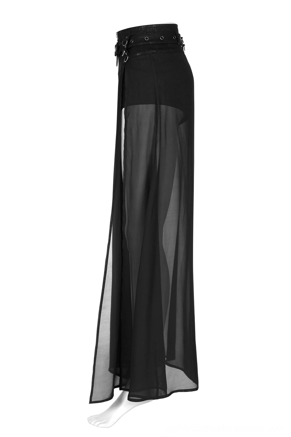 Sheer overlay maxi skirt side view showing adjustable waist strap and translucent chiffon