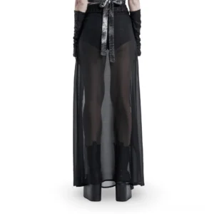 Gothic split skirt back perspective with detachable waist belt and platform boots