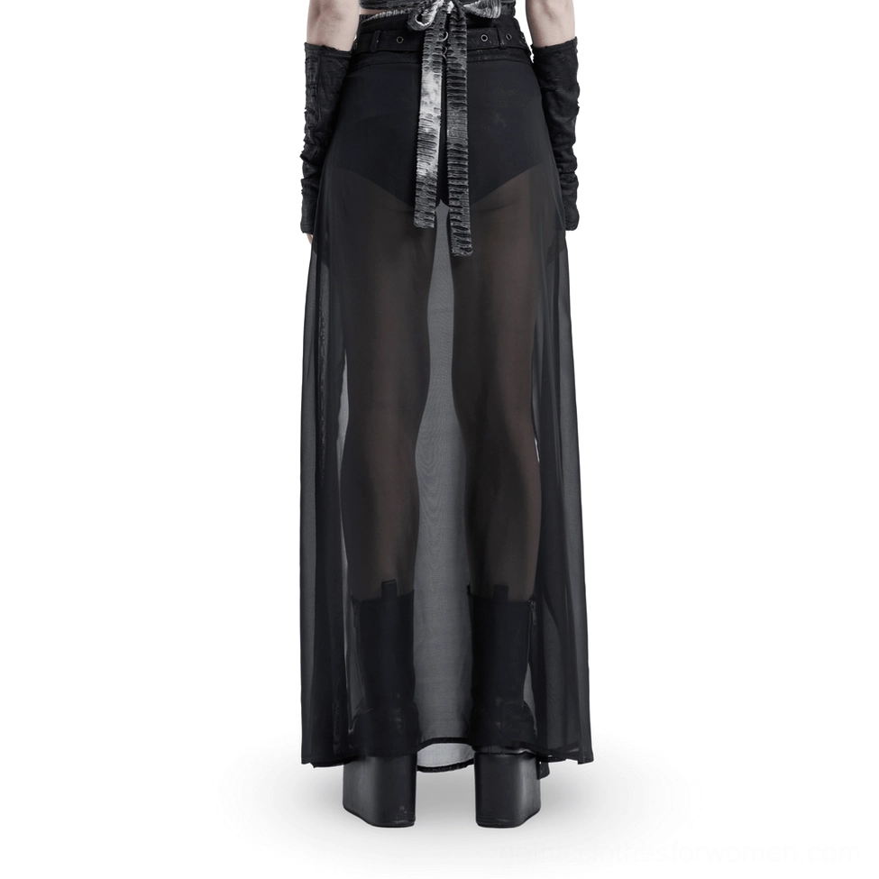 Gothic split skirt back perspective with detachable waist belt and platform boots