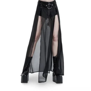 Black gothic sheer overlay split maxi skirt front view with high side slits