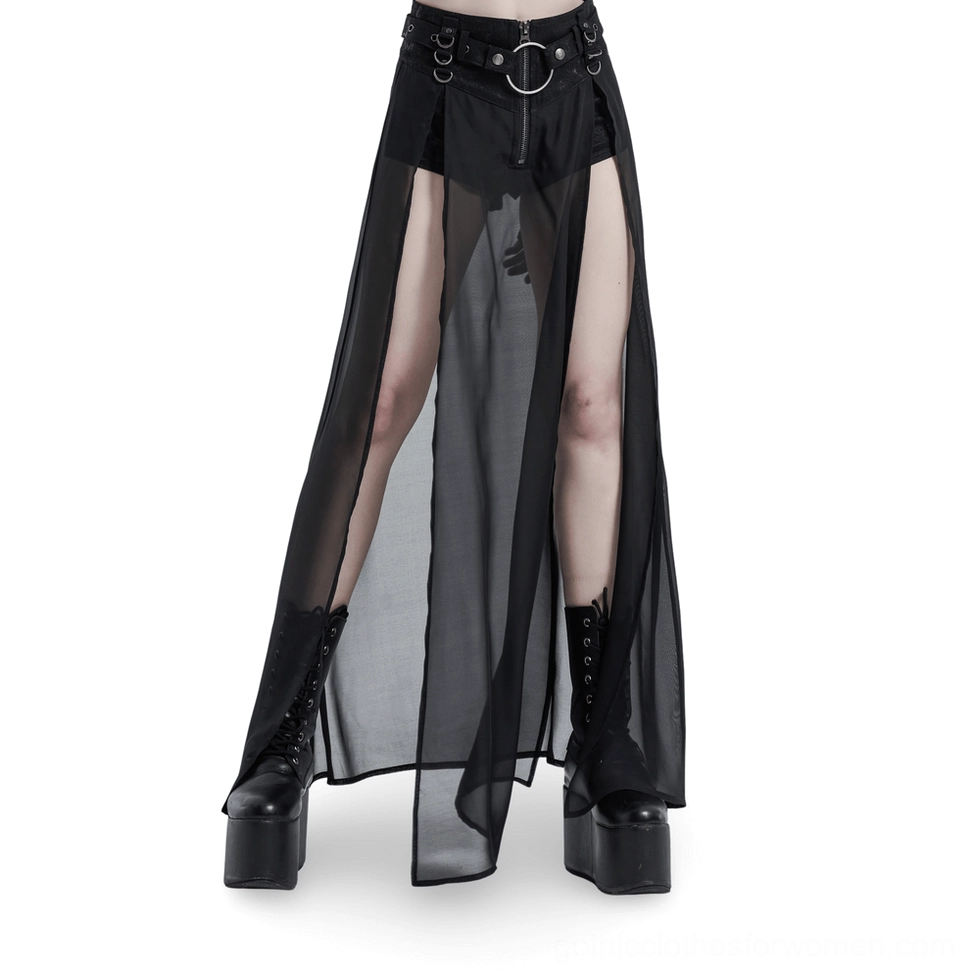 Black gothic sheer overlay split maxi skirt front view with high side slits