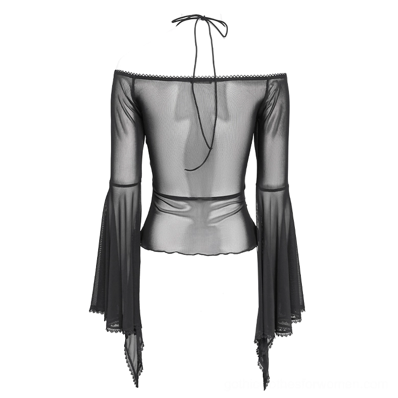Off-shoulder sheer gothic top back view on mannequin showing halter neck strap and clean back design
