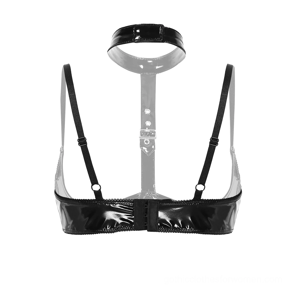 Gothic halter bra rear flat view on mannequin showing back hook-and-eye closure and attached choker