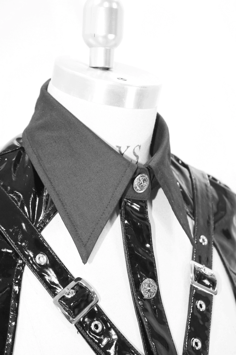 Close-up: gothic shirt collar and patent leather strap with metal buckle details