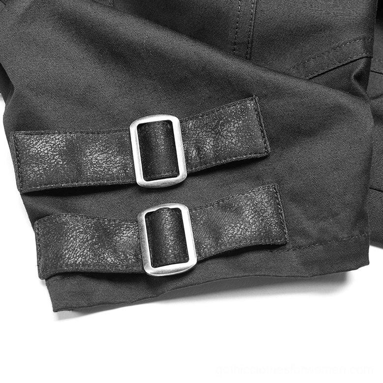 Sleeve hardware close-up detail on gothic tactical shirt - double leather straps with square metal buckles and twill fabric texture