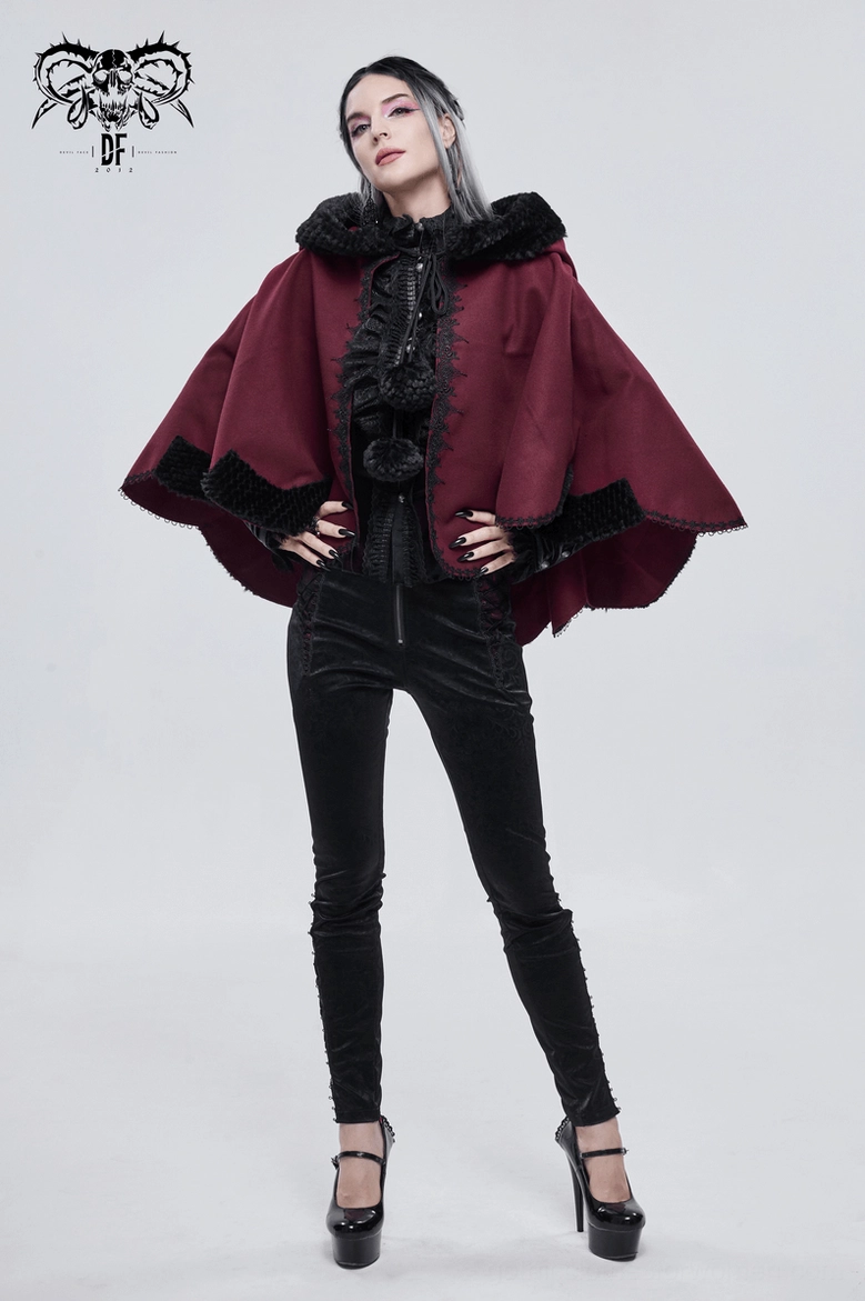 Red gothic short cape angled view displaying full design with hood drawstring and decorative elements