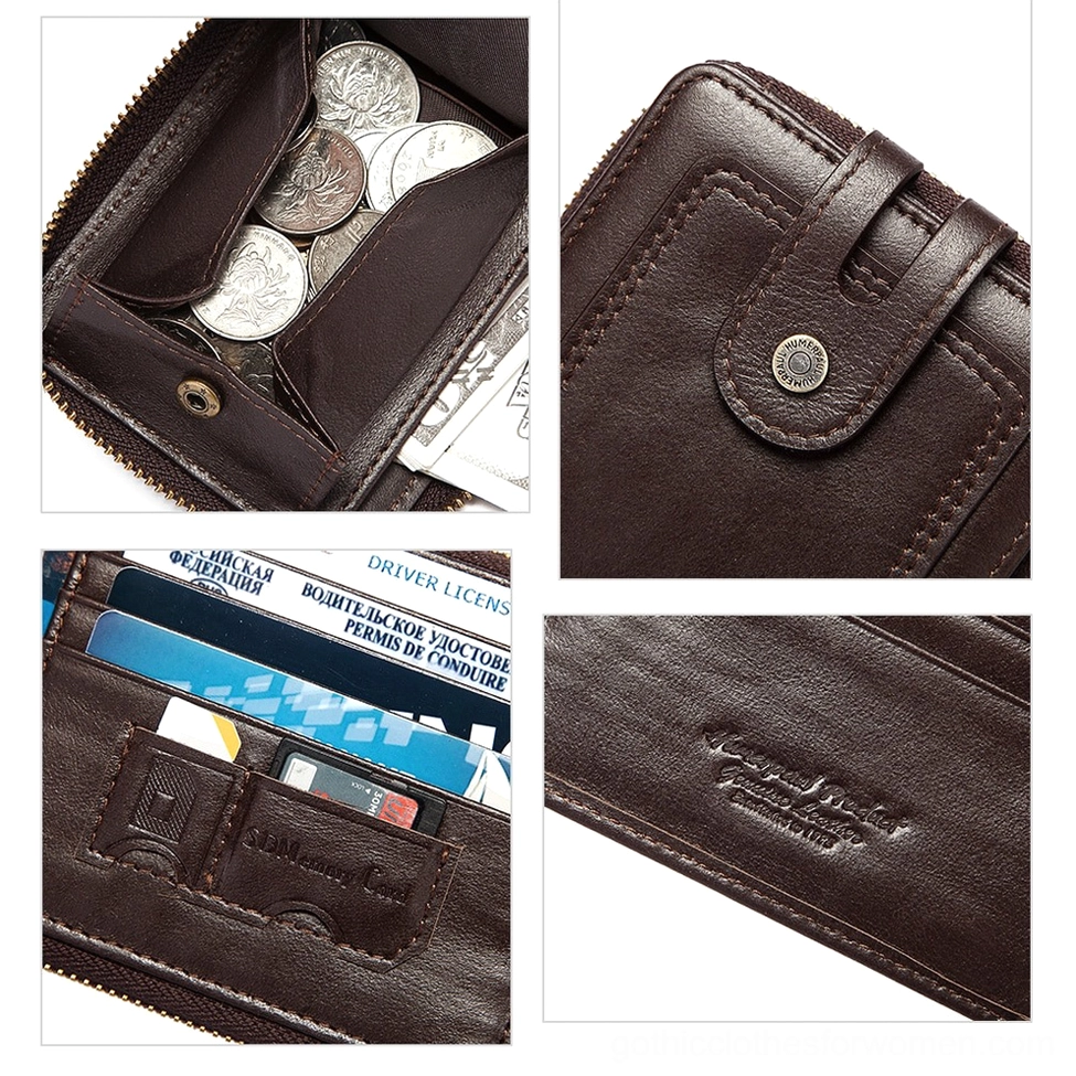 Short gothic leather wallet flat lay display showcasing hasp closure and compact size proportions