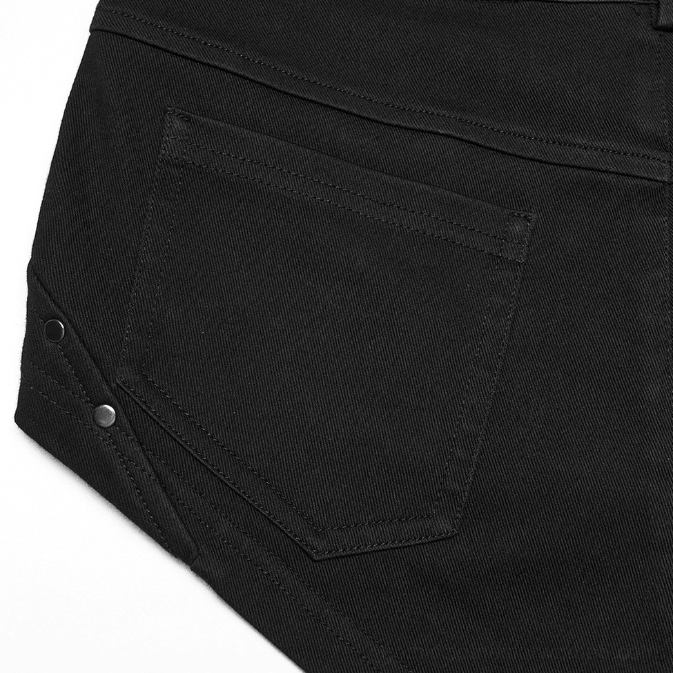 Back pocket detail close-up view with stitched denim and metal rivet accents on gothic shorts