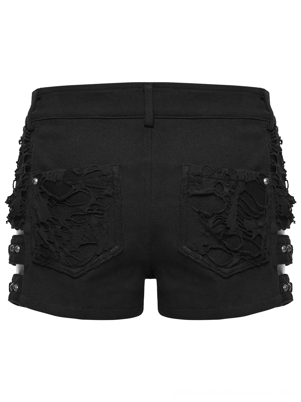 Back view of gothic denim shorts, ripped back pockets and multiple metal side buckle straps