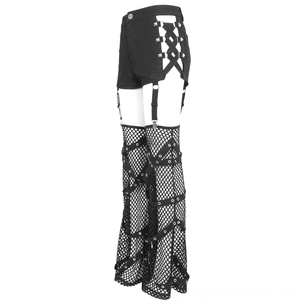 Black gothic shorts back side angle showing crisscross design and fishnet leg covers