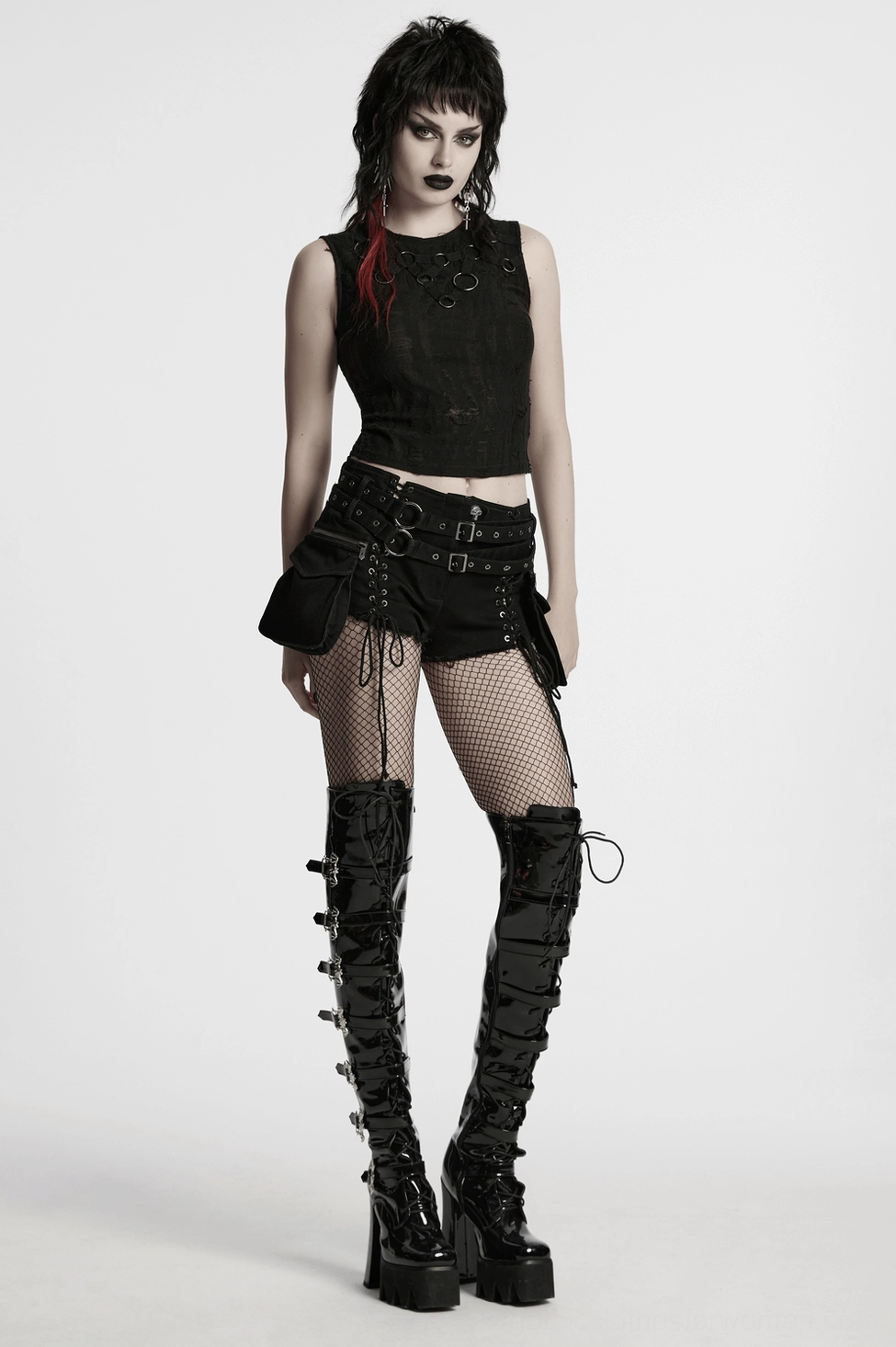 Close-up product view of black gothic shorts showcasing double buckle belt system and decorative side lacing for punk aesthetic