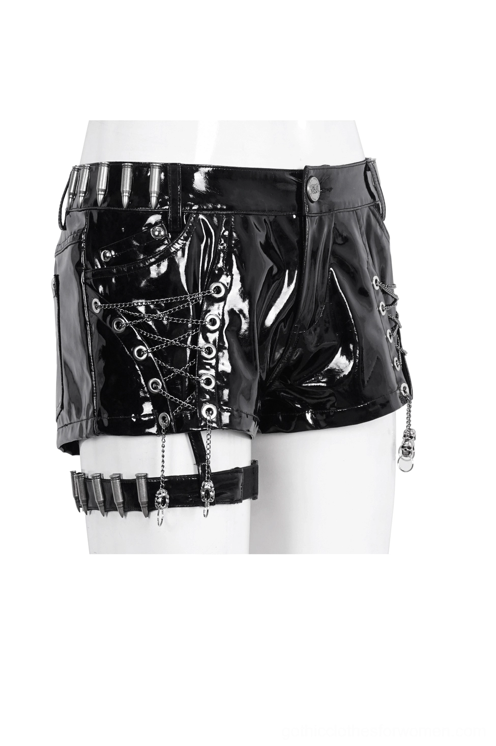 Gothic shorts featuring side chain with metal pendants, lace-up grommets, multi-buckle waistband and leg harness on mannequin