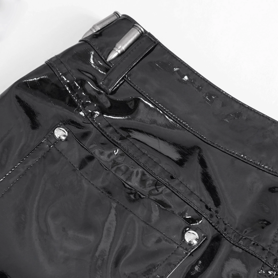 Black patent leather shorts featuring all signature gothic elements including chains, grommets, and metal hardware