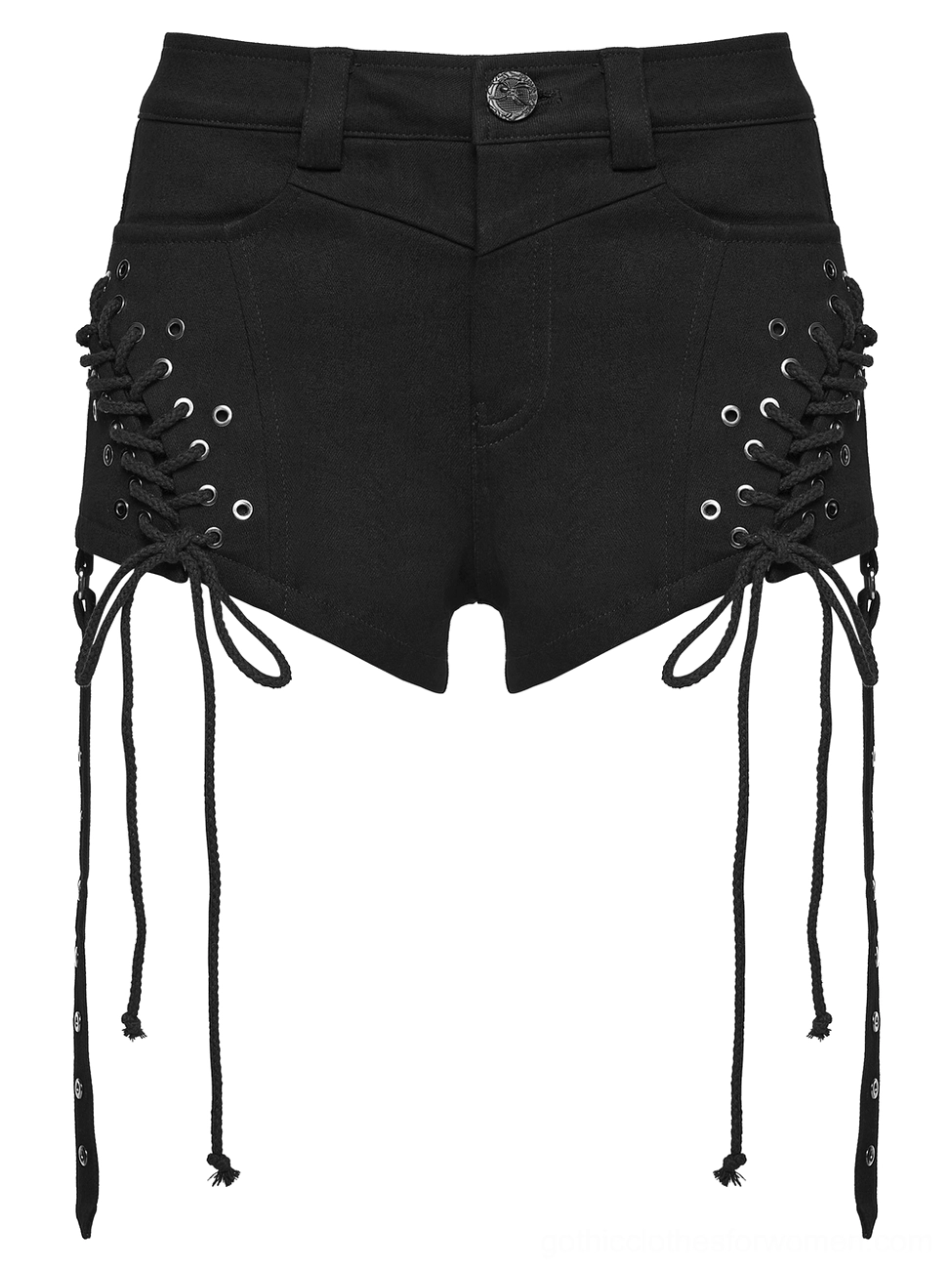 Side angle flat lay of complete black gothic shorts and detachable flared leg warmer set showing modular construction