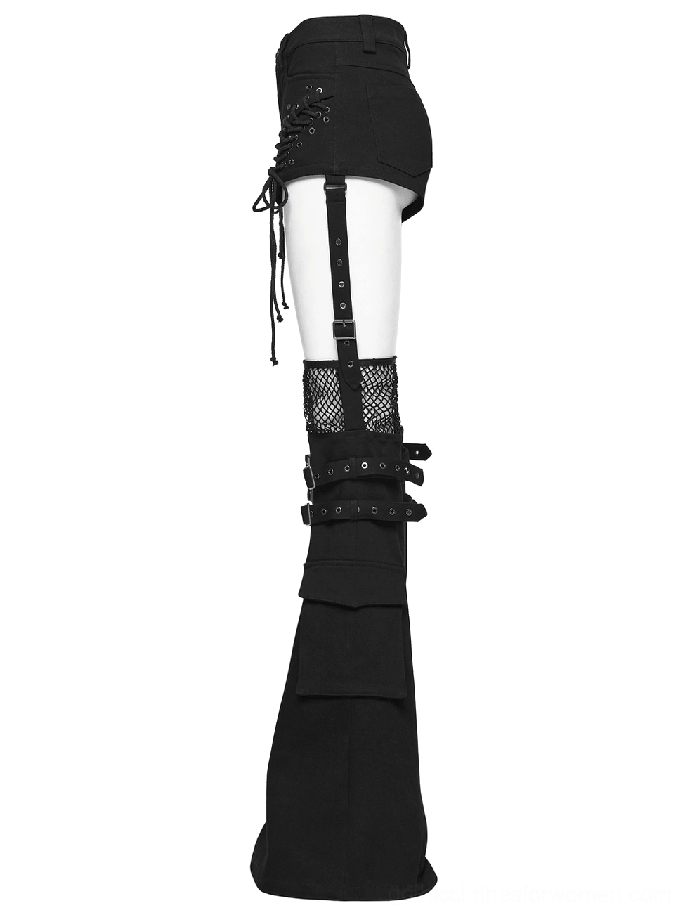Close-up flat lay of black lace-up denim gothic shorts highlighting dual side lace details and denim fabric texture