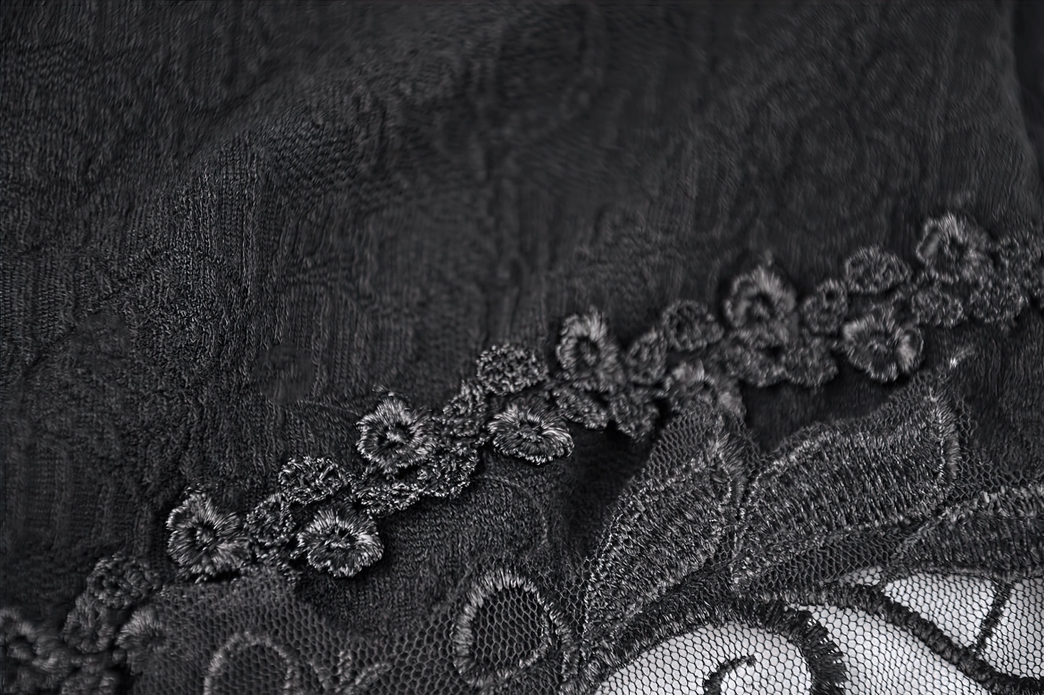 Delicate embroidered floral stitch trim showing intricate craftwork and baroque-inspired pattern