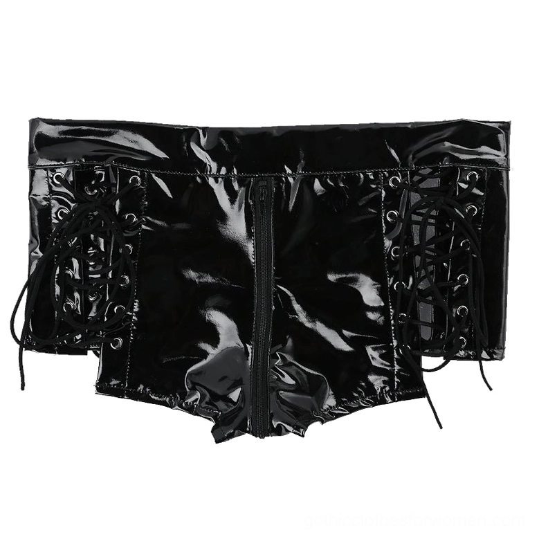 Folded flat display of gothic mini shorts showing side oblique angle with front zipper and side lace details
