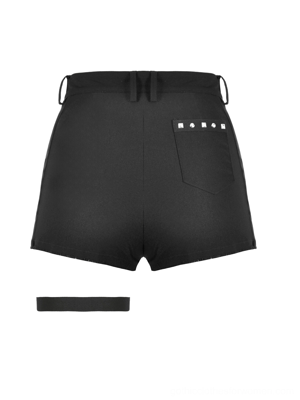 Flat lay rear view of gothic shorts displaying studded back pocket and adjustable waist belt loops