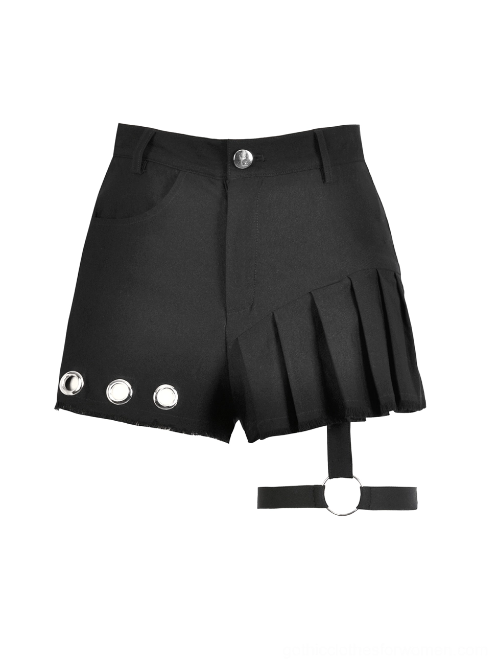 Flat lay front view of black gothic pleated shorts showing detachable O-ring strap and eyelet details