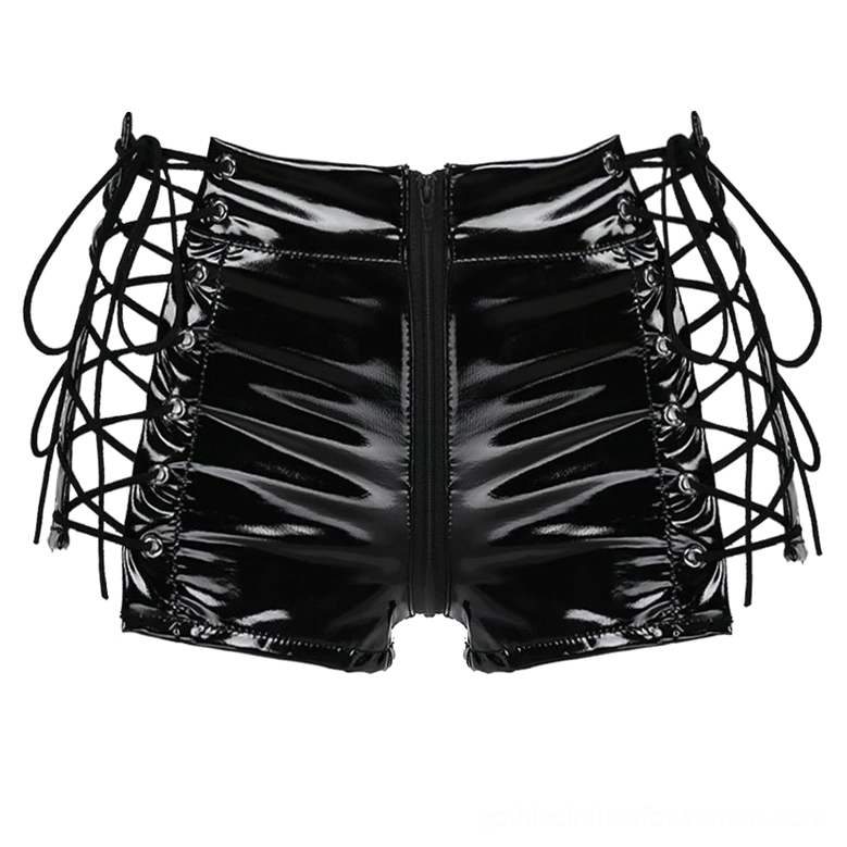 Flat lay front view of black patent leather gothic mini shorts with dual side lace-ups and front zipper