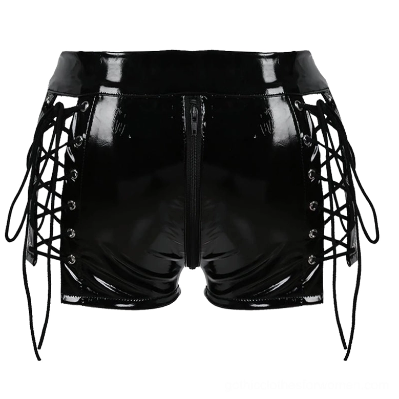 Flat lay rear view of gothic shorts showing lace eyelet details, rear zipper, and glossy black material