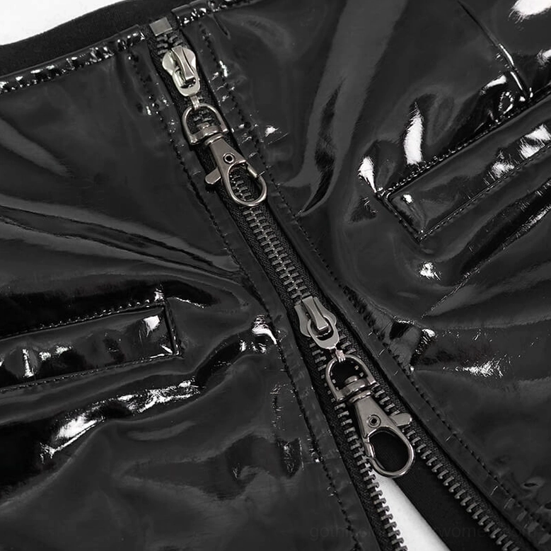 Front view flat lay of black synthetic leather gothic shorts showing zipper closure and chain details