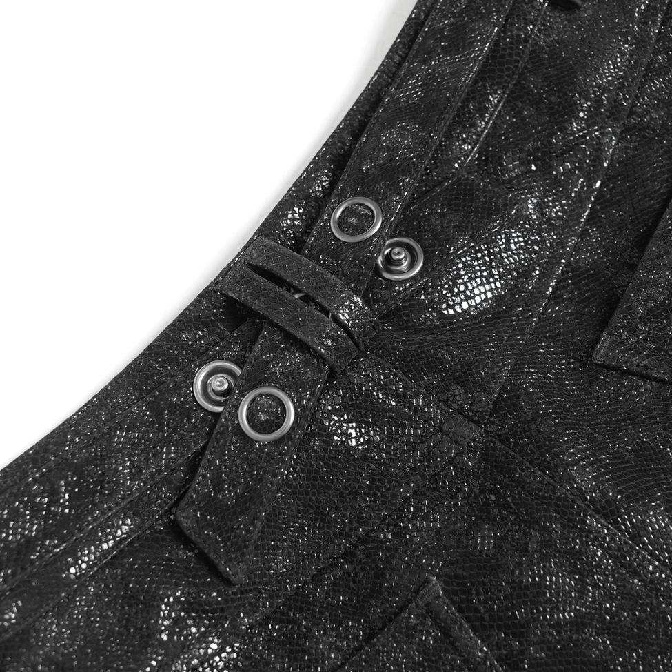 Gothic black faux leather shorts with fur trim showing harness strap system and adjustable fit details